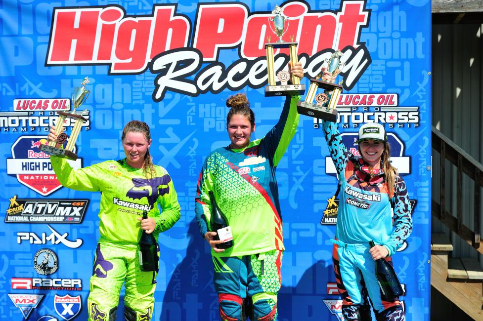 Marissa Markelon (center), Kylie Fasnacht (left) and Shelby Rolen (right) were the top three overall at High Point Raceway.Photo: Martha Farmer