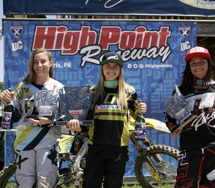 Shelby Rolen (center), Jordan Jarvis (left) and Jamie Astudillo (right) rounded out the WMX top three at High Point Raceway.