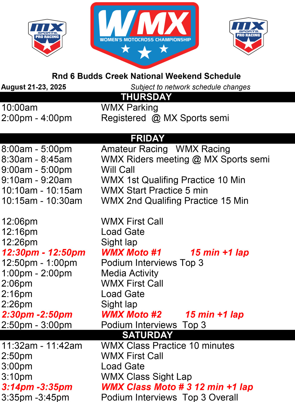 WMX Budds Creek Schedule